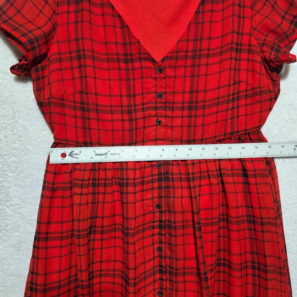 Old Navy Red Black Plaid Button Front V-Neck Short Sleeve Dress Medium M - Picture 8 of 9